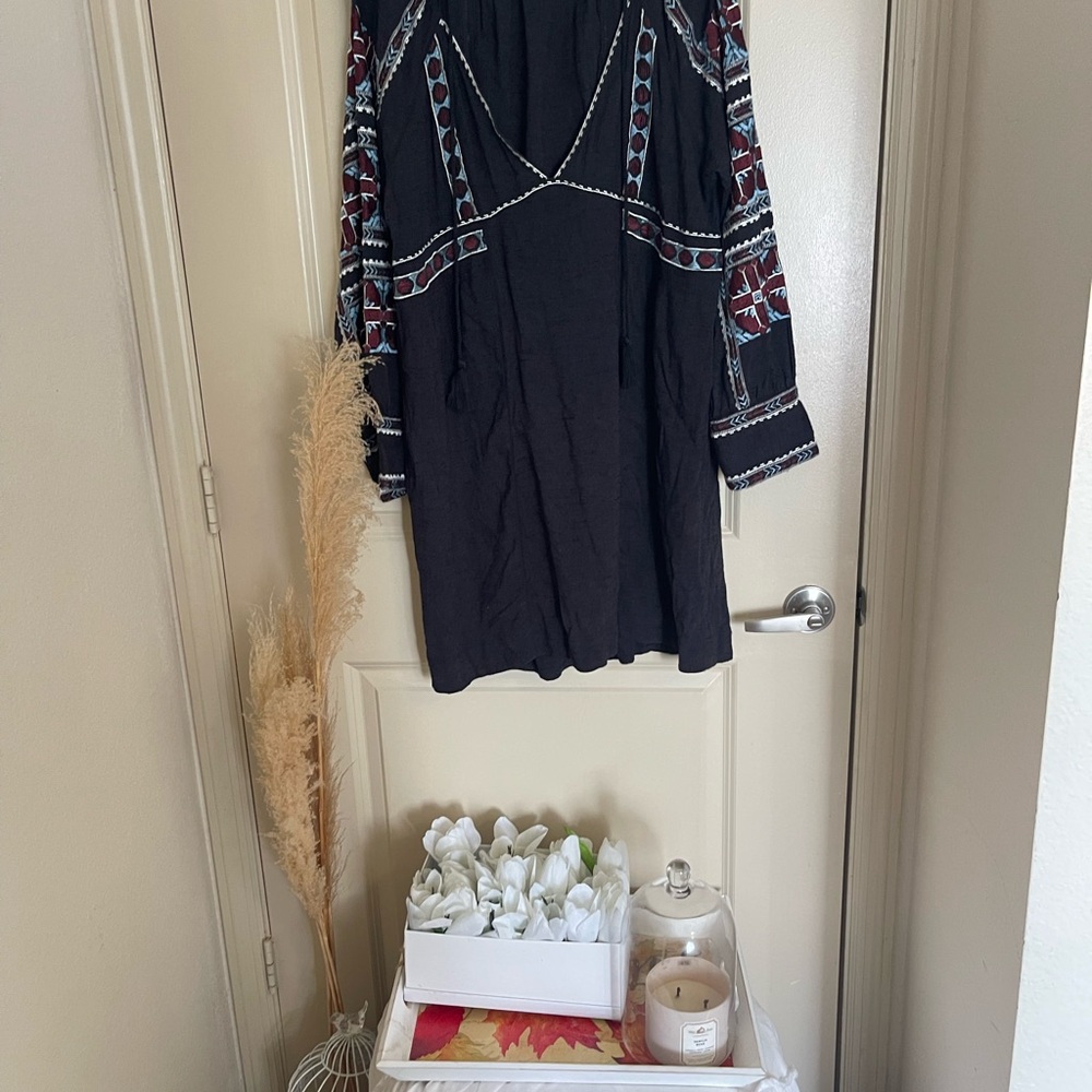 Free People Black Embellished Midi Dress with Bib Collar